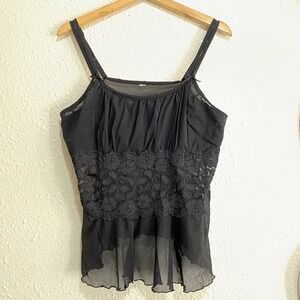 Vtg Y2K M/L Sheer Black Lace Floral Babydoll Camisole Top Women Lingerie whimsy